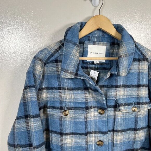 American Eagle Oversized Brushed Plaid Shacket Jacket Womens Size Large Blue - Picture 5 of 12